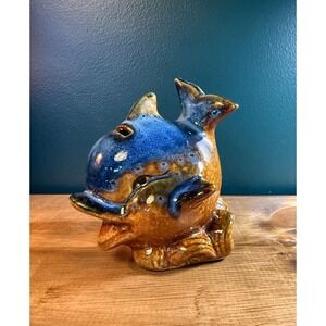 Vintage Ceramic Dolphin Coin Bank with Stopper – Glazed Pottery Piggy Bank